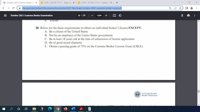 October 2021 Question 76 U.S. Customs...