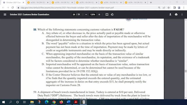 October 2021 Question 58 U.S. Customs...