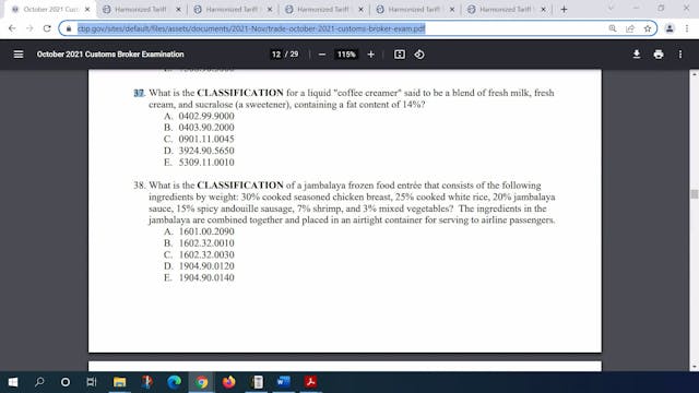 October 2021 Question 37 U.S. Customs...