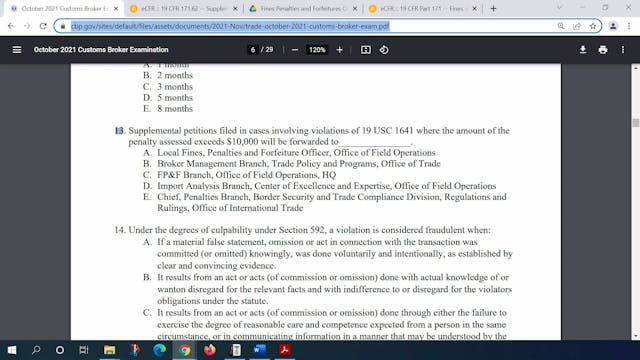 October 2021 Question 13 U.S. Customs...