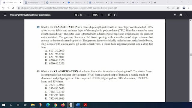 October 2021 Question 39 U.S. Customs...