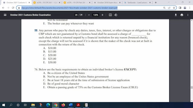 October 2021 Question 75 U.S. Customs...