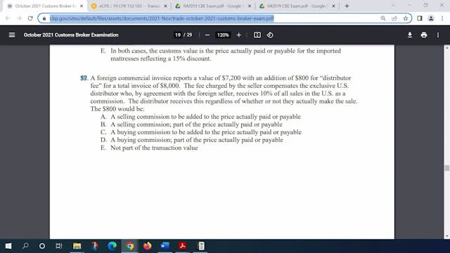 October 2021 Question 57 U.S. Customs...