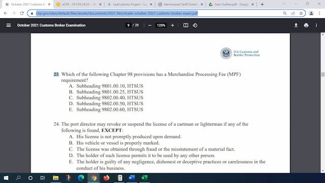 October 2021 Question 23 U.S. Customs...