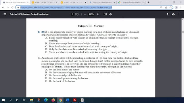 October 2021 Question 9 U.S. Customs ...