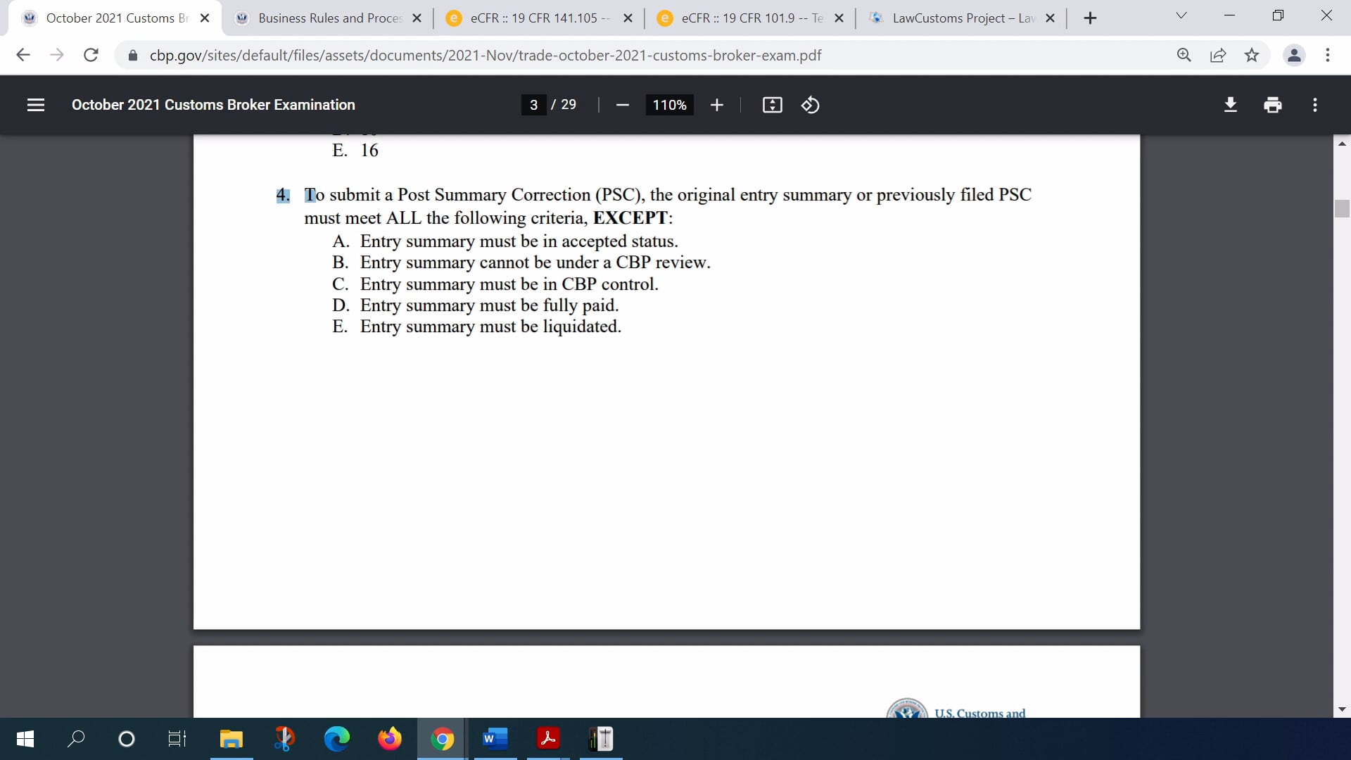 October 2021 Question 4 U.S. Customs Broker License Exam Discussion
