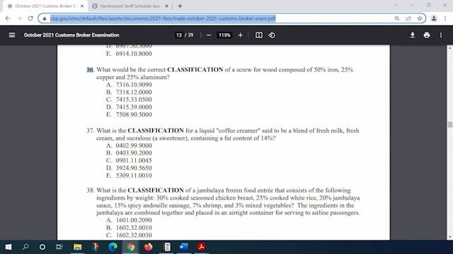 October 2021 Question 36 U.S. Customs...