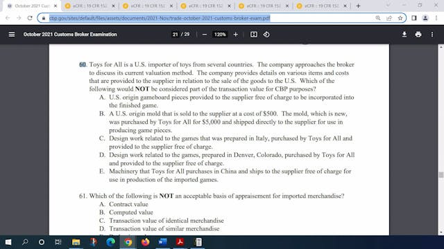October 2021 Question 60 U.S. Customs...