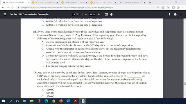 October 2021 Question 74 U.S. Customs...