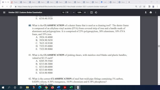 October 2021 Question 40 U.S. Customs...