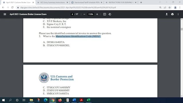 April 2021 Question 5 U.S. Customs Br...