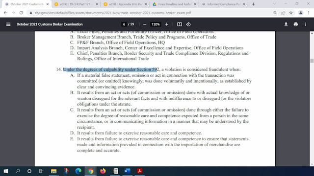 October 2021 Question 14 U.S. Customs...
