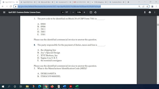April 2021 Question 4 U.S. Customs Br...