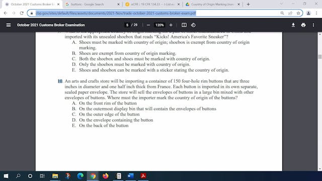 October 2021 Question 10 U.S. Customs...