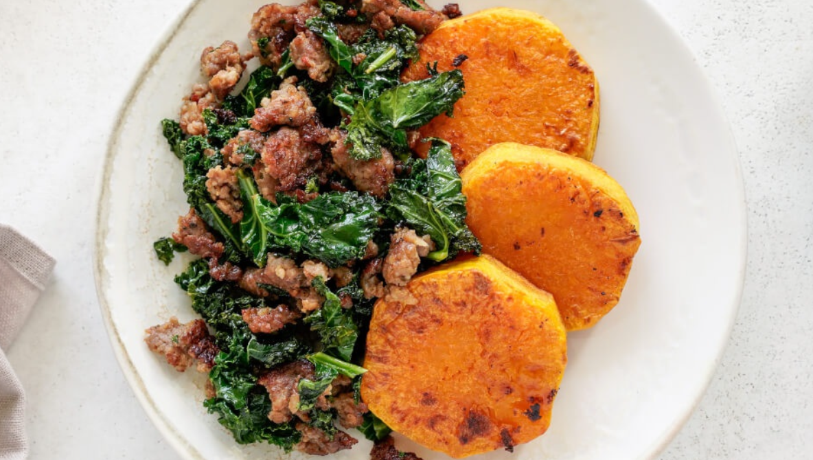 Simple Roasted Butternut Squash with Sausage & Kale
