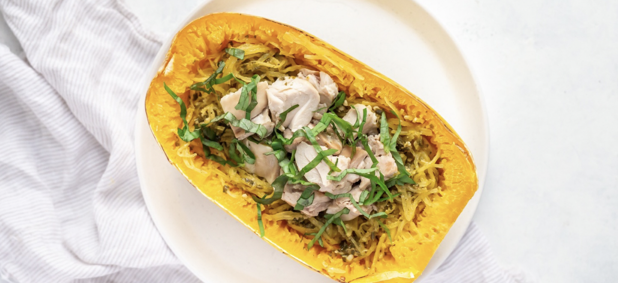 One Pan Chicken Pesto Spaghetti Squash