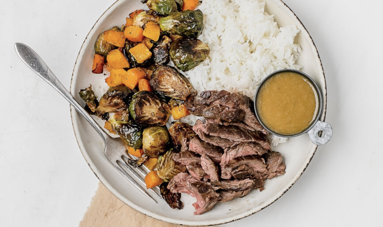 Steak Veggie Rice Bowl with Balsamic Dressing
