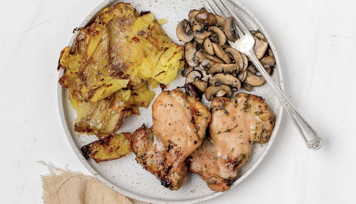 Chicken Thighs with Mushrooms Smashed Potatoes