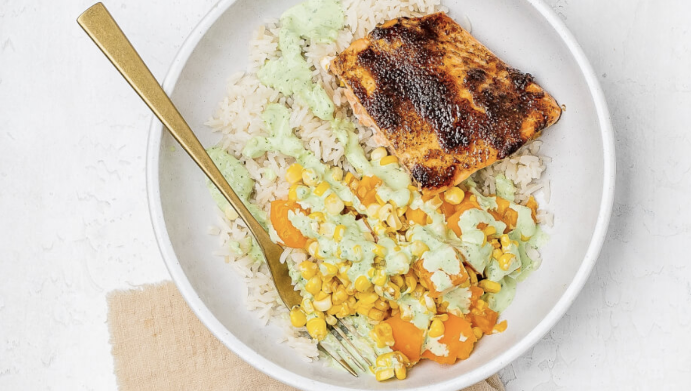 Salmon with Rice Corn Tomatoes Basil Sauce