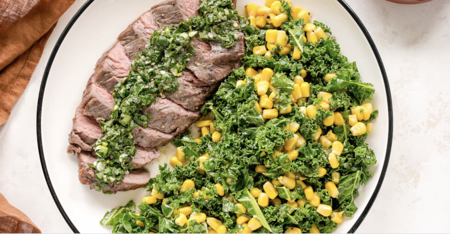 Grilled Chimichurri Flank Steak with Corn Kale Salad