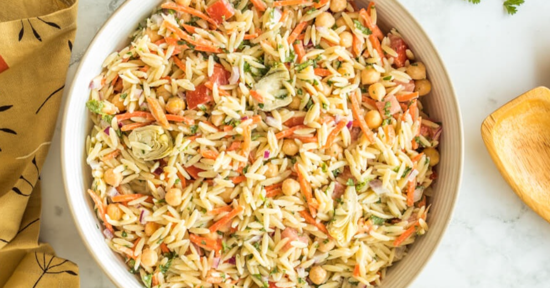 Hummus, Chickpea & Artichoke Orzo Salad