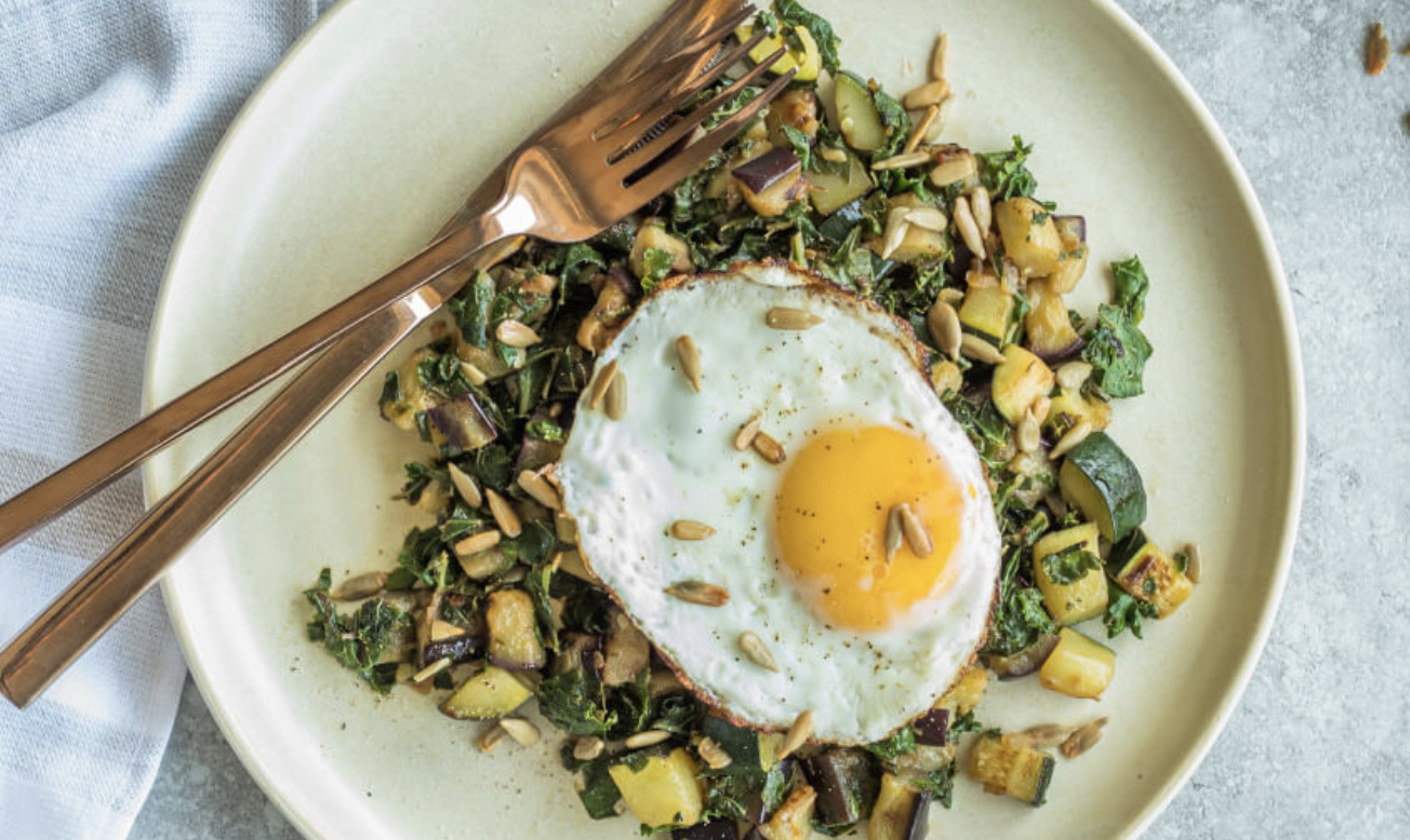 Sauteed Kale & Eggplant with Egg