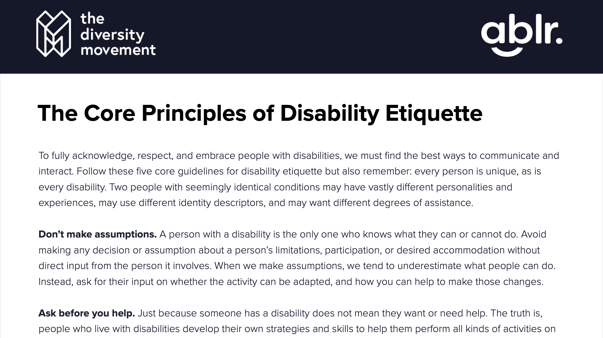 Core Principles of Disability Etiquette One Pager