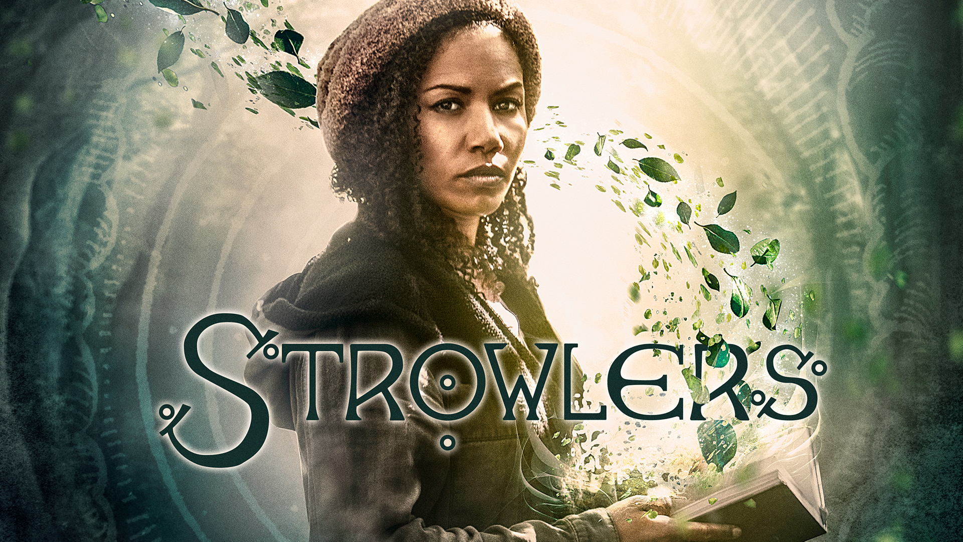 Strowlers Cover showing main character Whit with an open book in her hand from which pages a storm of leaves arise. In front the title "Strowlers".