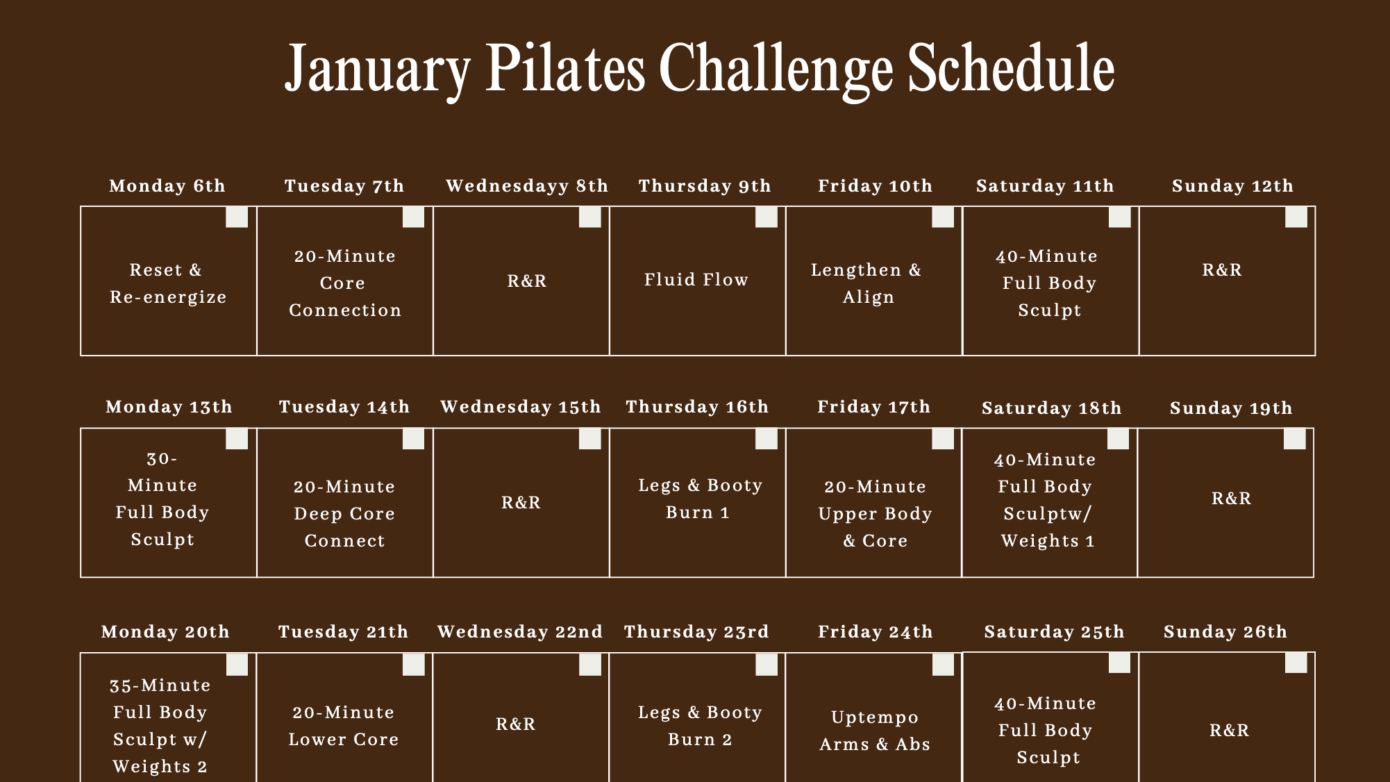 January Pilates Challenge Week 1 Schedule
