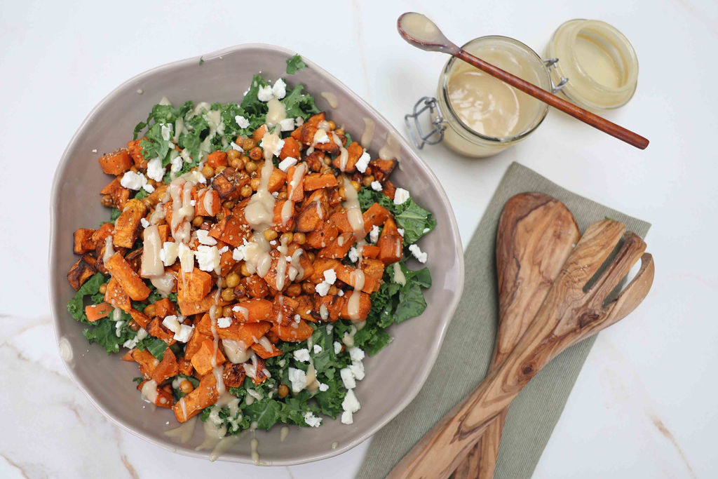 Winter Salad: Kale, Chickpea & Sweet Potato w/ Honey Tahini Dressing