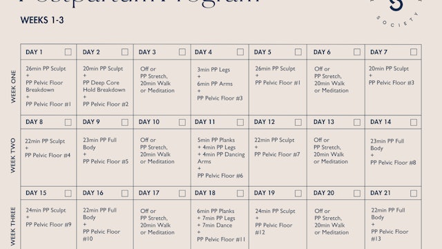 Postpartum Program Calendar-Weeks 1-3