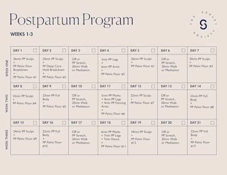 Postpartum Program Calendar-Weeks 1-3