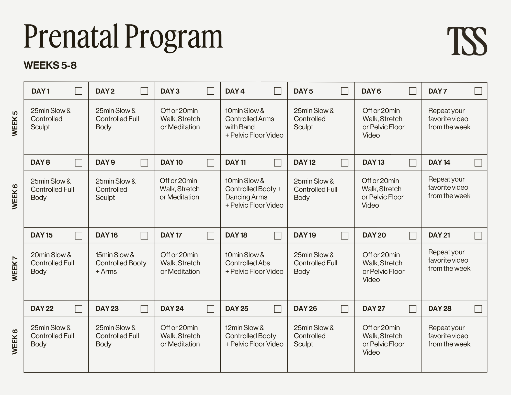 Prenatal Program Weeks 5-8 Calendar