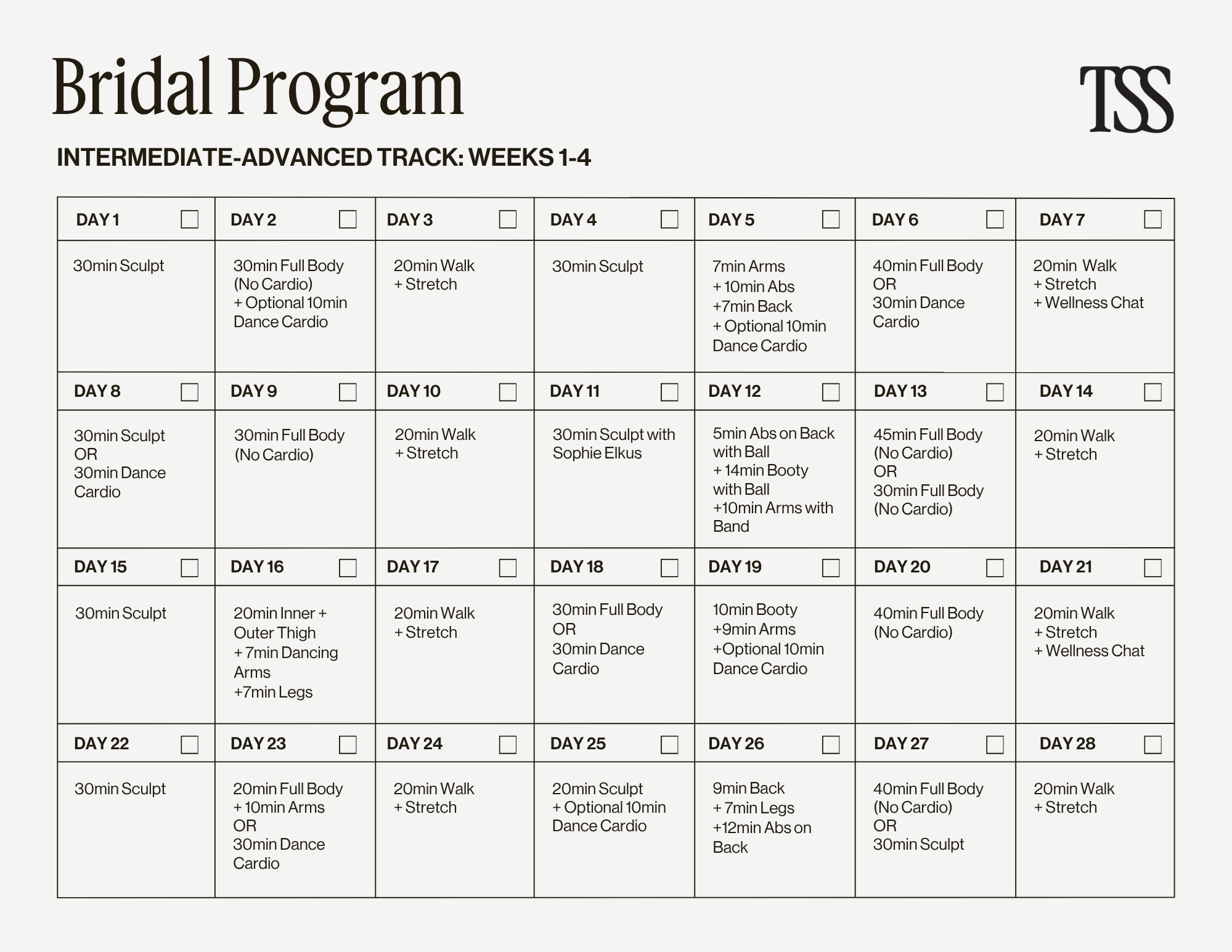 Bridal Program Int/Adv Calendars