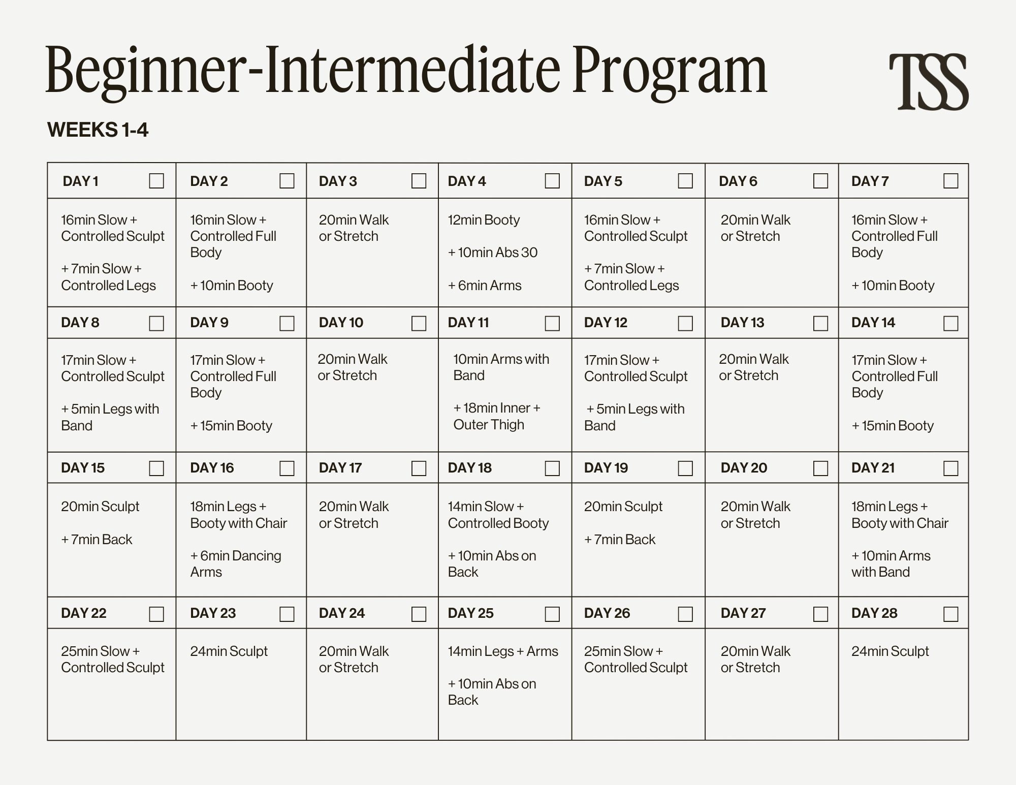 Beginner-Intermediate Program Calendar