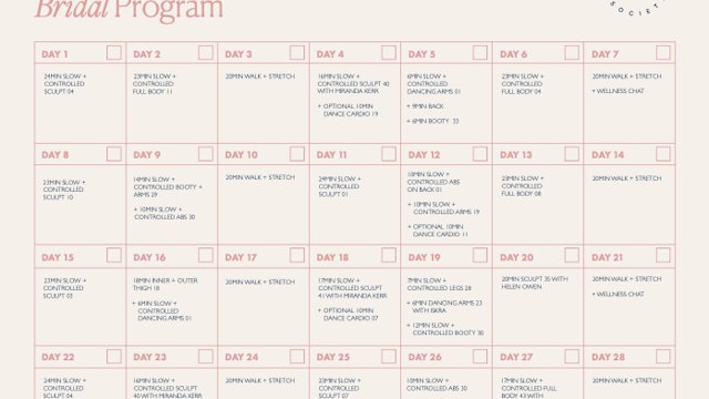 Bridal Program Calendar- Beginner Track