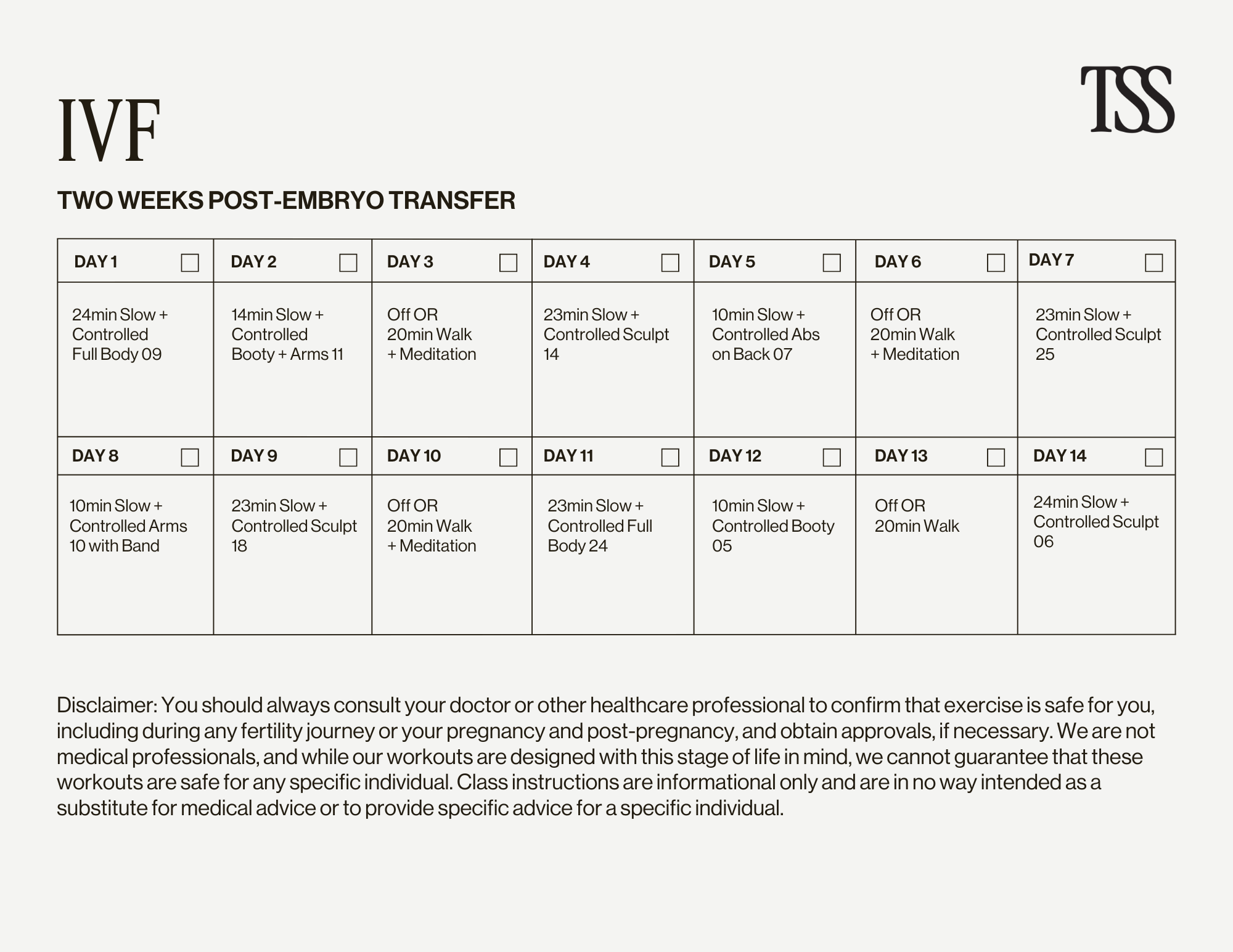 IVF - Two Weeks Post-Embryo Transfer Calendar