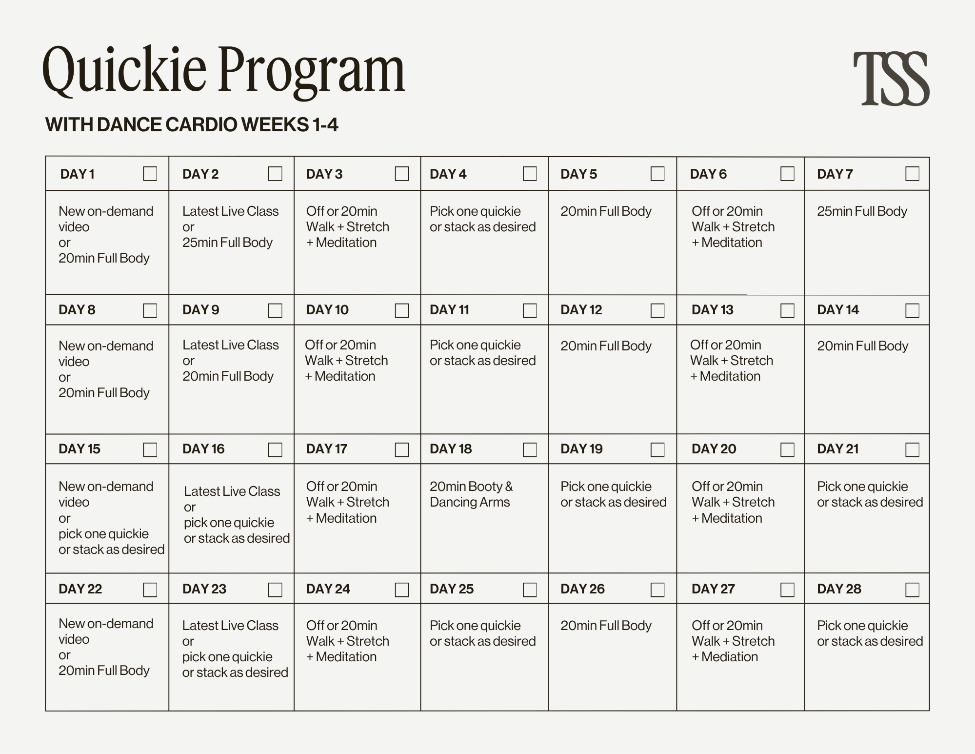 Quickie Program with Dance Cardio Pt 1 Calendar