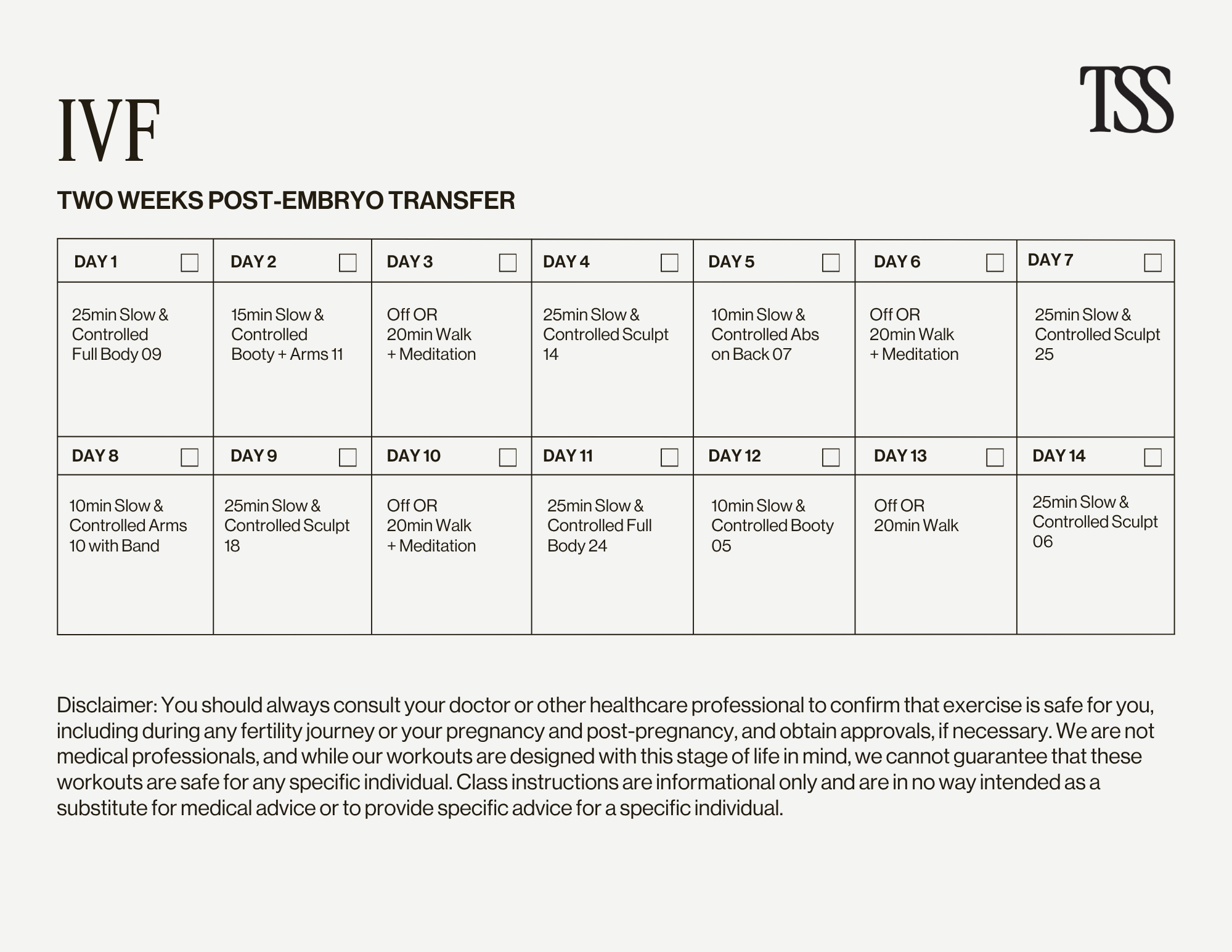 IVF - Two Weeks Post-Embryo Transfer Calendar