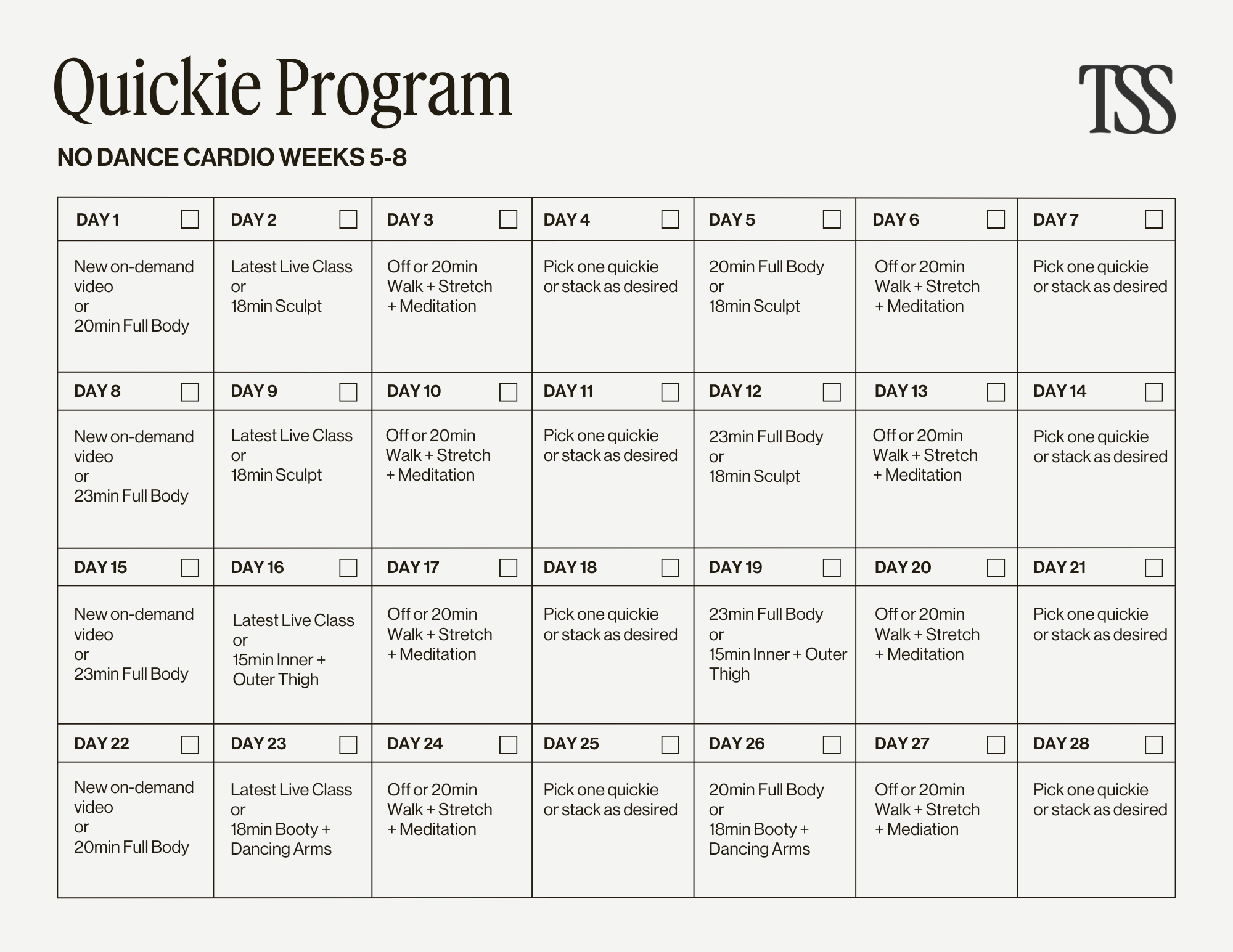 Quickie Program No Dance Cardio Pt 2 Calendar