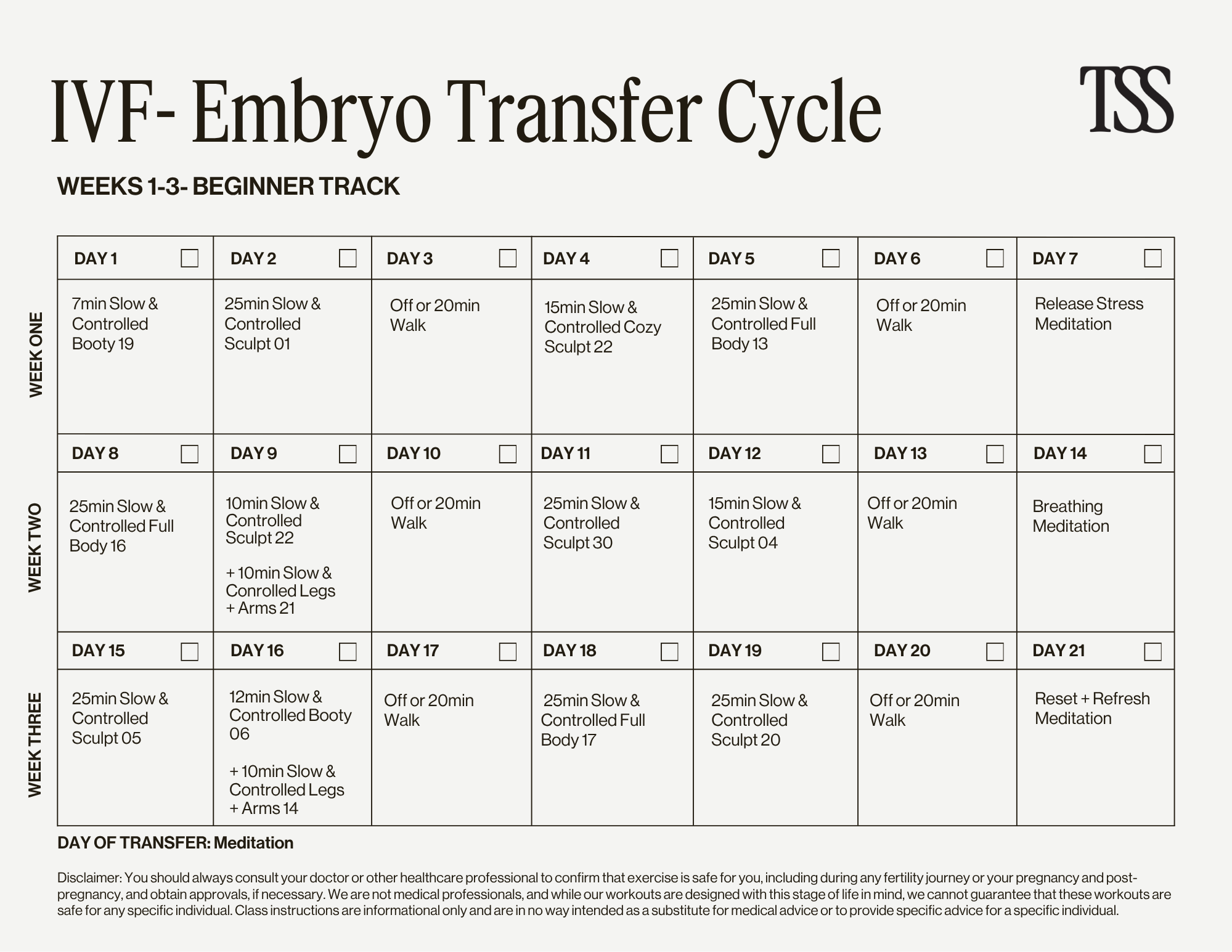 IVF - Embryo Transfer Cycle Beginner Calendar
