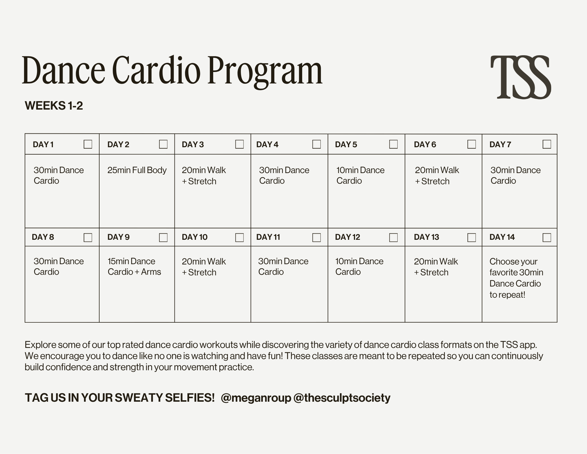 Dance Cardio Program Calendar