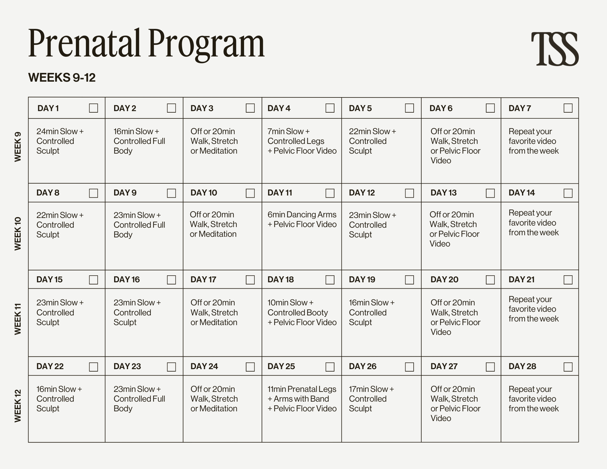 Prenatal Program Weeks 9-12 Calendar