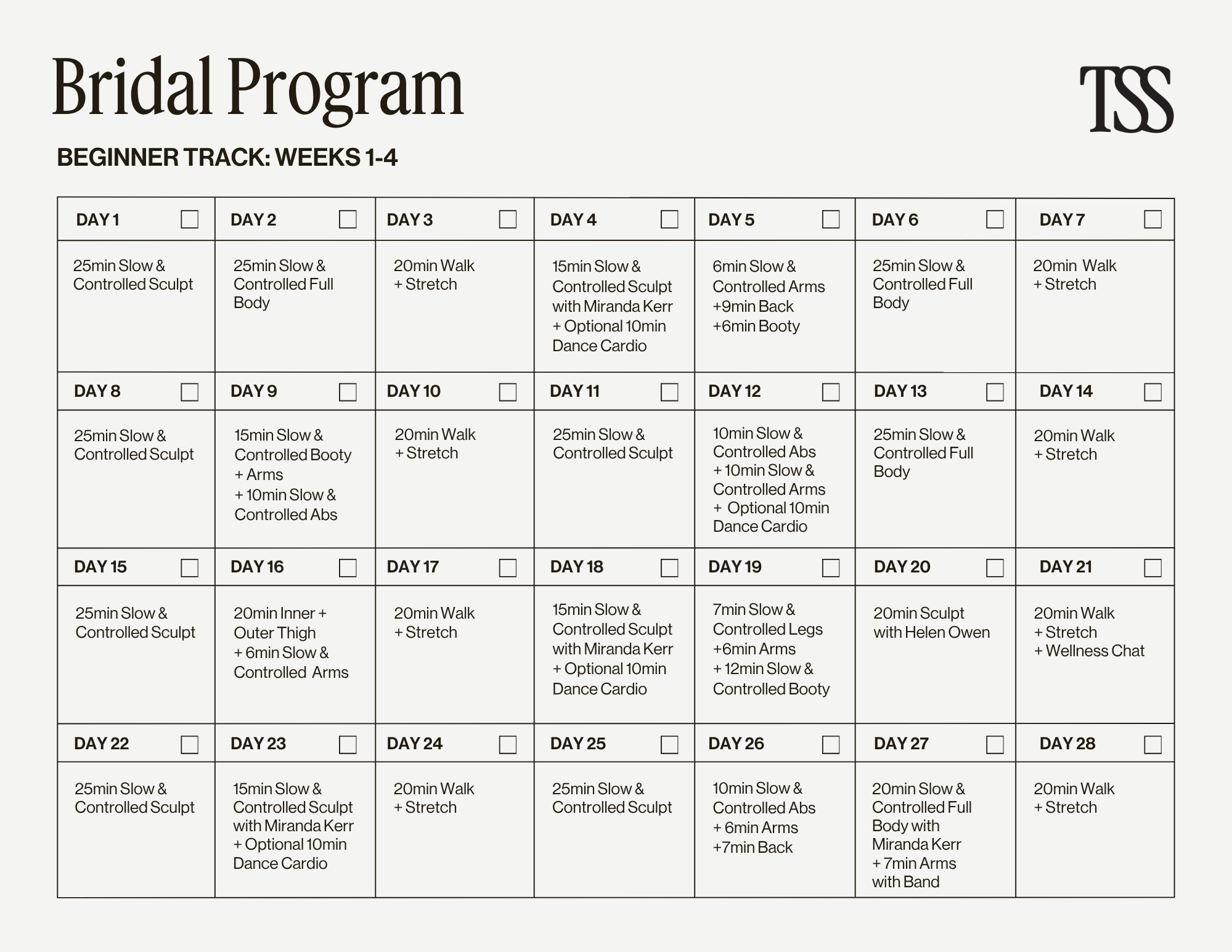 Bridal Program Beginner Calendars