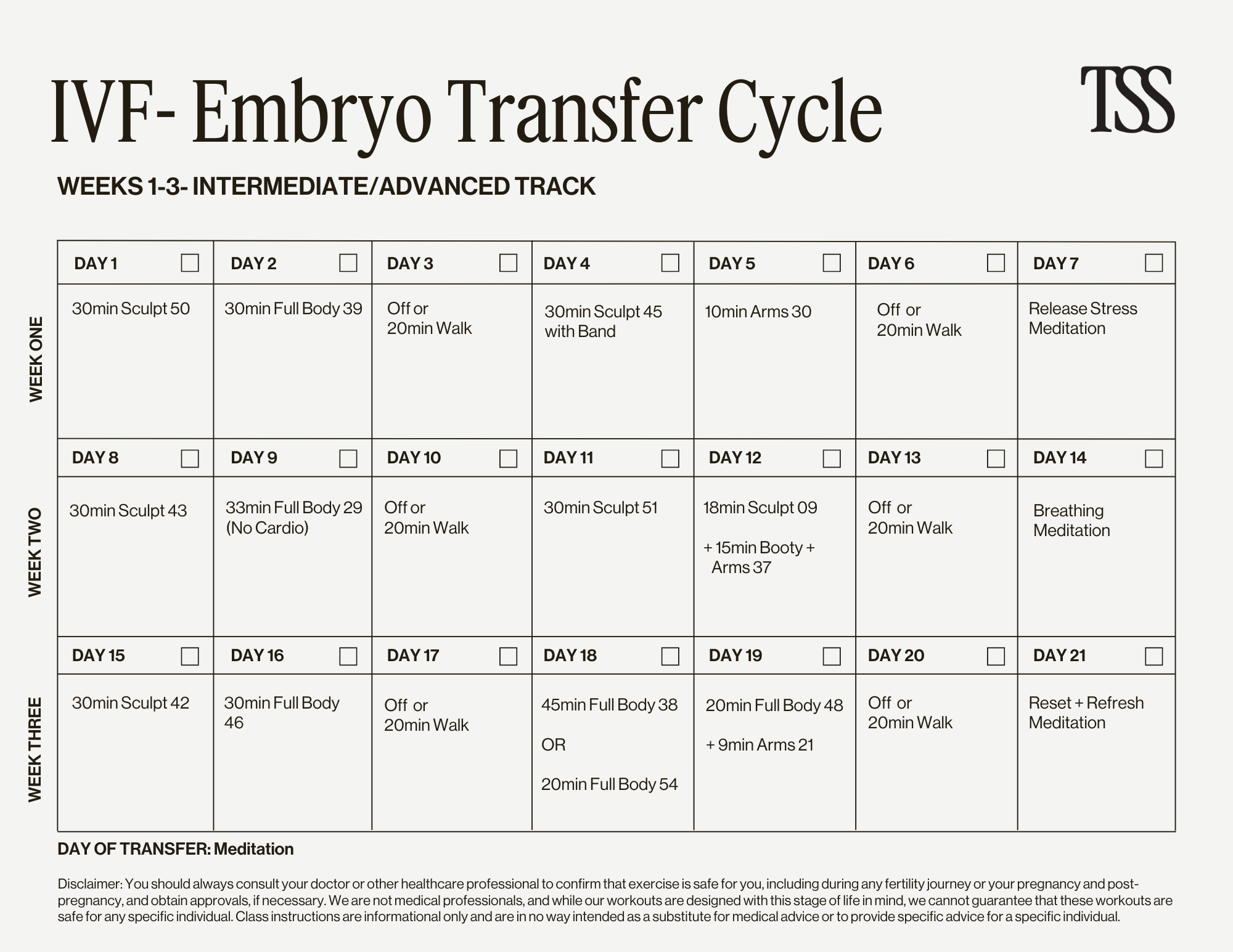 IVF - Embryo Transfer Cycle Int/Adv Calendar