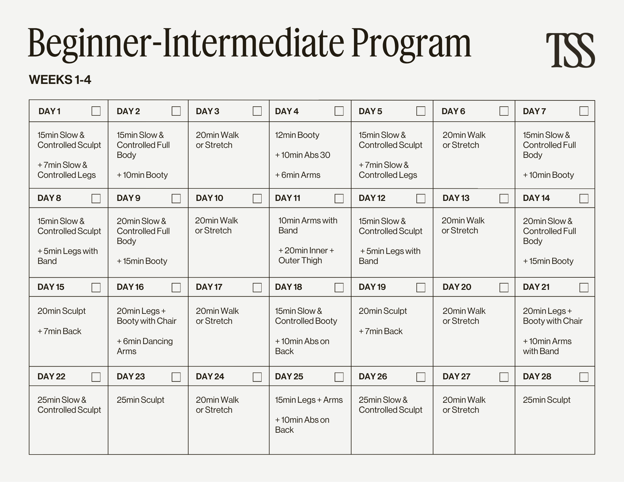Beginner-Intermediate Program Calendar
