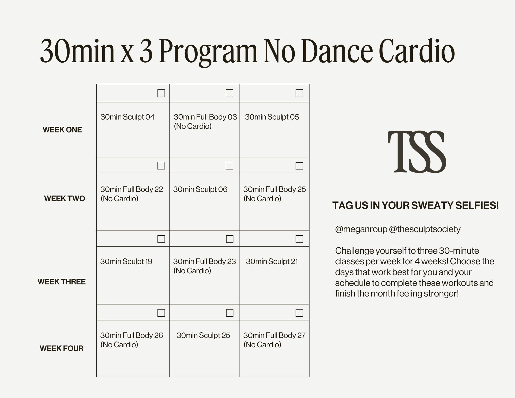 30min x 3 No Dance Cardio Program Calendar
