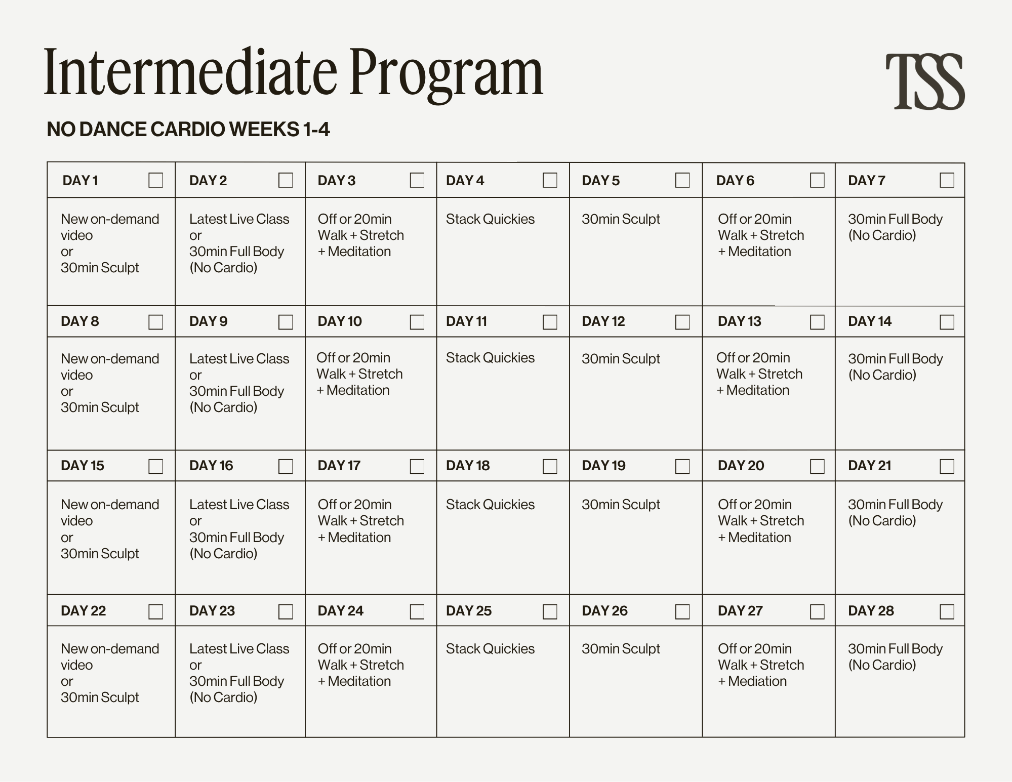 Intermediate Program No Dance Cardio Pt 1 Calendar