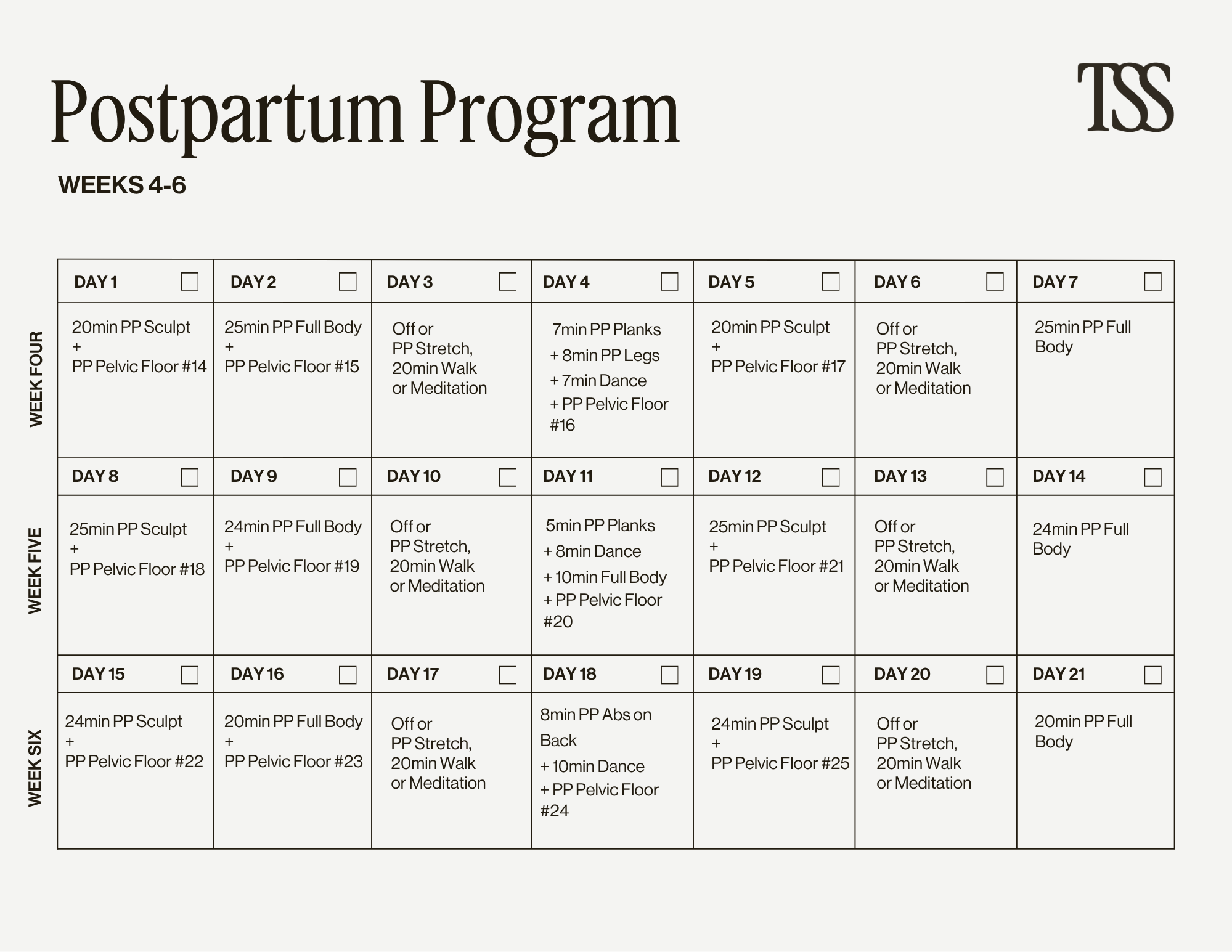 Postpartum Program Weeks 4-6 Calendar