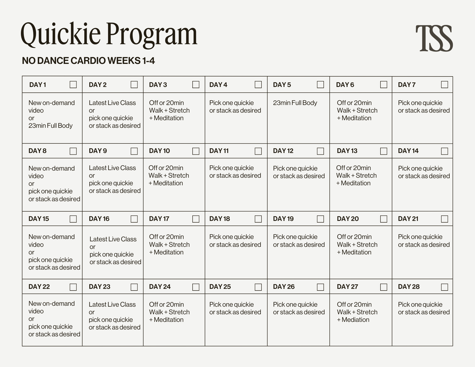 Quickie Program No Dance Cardio Pt 1 Calendar